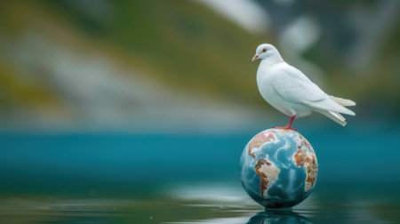 A serene white dove perches gracefully on a globe, symbolizing peace and harmony, surrounded by tranquil waters and soft-focus landscape features.の素材