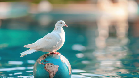 A serene white dove perches gracefully on a globe reflecting the tranquil water. This image captures a peaceful message about harmony and global unity.の素材