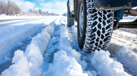 A close-up view of a vehicle tire leaving distinct tracks on a snow-covered road, set against a bright blue sky during wintertime.の素材