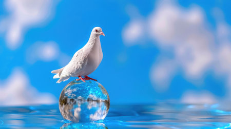 A stunning image capturing a white pigeon peacefully perched on a shimmering globe amidst calm water, surrounded by a vivid blue sky and fluffy clouds.の素材