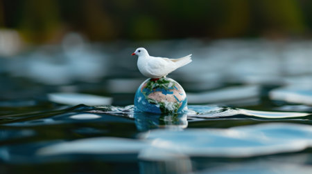 A serene white dove perches on a small globe floating on tranquil water, embodying themes of peace, unity, and environmental consciousness in a beautiful scene.の素材