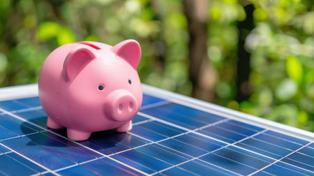 A whimsical pink piggy bank rests atop a solar panel under natural greenery, symbolizing the fusion of savings and sustainable energy practices in finance.の素材
