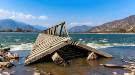 This image showcases an abandoned wooden structure partially submerged in a river, framed by stunning mountains under a clear blue sky. The scene evokes a sense of tranquility and isolation, perfect for nature lovers.の素材