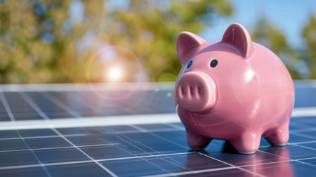 A vibrant pink piggy bank sits atop a solar panel, symbolizing the intersection of financial savings and renewable energy investments. The sunlight adds a warm glow, emphasizing eco-friendly practices.の素材