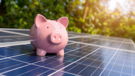 A pink piggy bank sits atop solar panels, symbolizing financial savings and investment in renewable energy, showcasing a sustainable future that combines ecology with economy.の素材