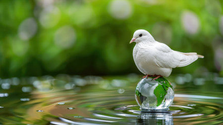A peaceful white dove perches on a glass globe symbolizing Earth, surrounded by rippling water and a vibrant green backdrop, embodying harmony and tranquility.の素材