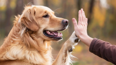 A golden retriever shares an affectionate high-five with its human companion in a scenic outdoor setting, surrounded by vibrant autumn leaves.の素材