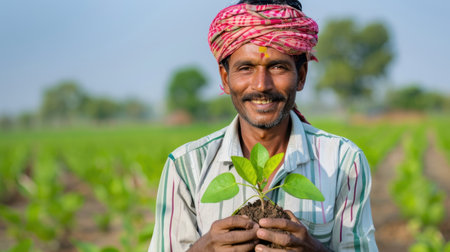 A cheerful farmer holds a small seedling in his hands, showcasing his dedication to agriculture amidst a vibrant green field. The image captures the essence of rural life and growth.の素材