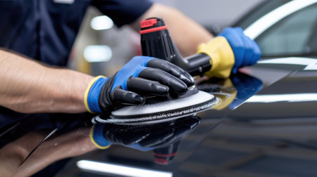 A technician is focused on detailing a vehicle using a polishing machine, showcasing precision and care in an automotive workshop environment.の素材