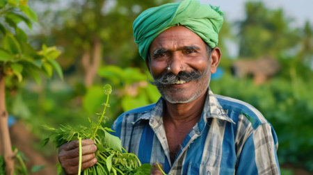 A joyful farmer stands in a lush green garden, proudly holding fresh herbs. This image captures the essence of rural agriculture and community life.の素材