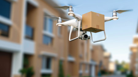 A drone equipped with a package flies over a modern urban neighborhood, symbolizing the future of delivery services with technological advancements in logistics.の素材