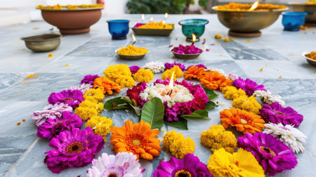 Stunning floral rangoli design featuring vibrant flowers and diyas, ideal for capturing the essence of Indian festivals, traditions, and celebrations.の素材