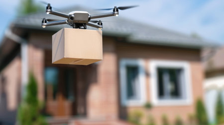 A drone hovers above a suburban house, delivering a package. The image captures modern logistics and technology transforming everyday delivery methods.の素材