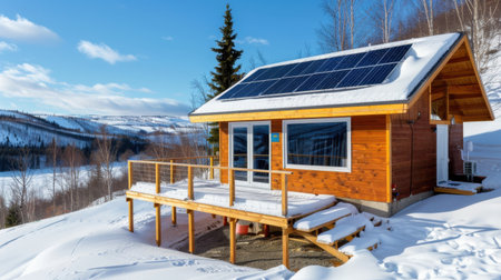 A modern wooden cabin featuring solar panels sits elegantly atop a snowy landscape, surrounded by majestic mountains and serene trees, inviting a peaceful retreat.の素材