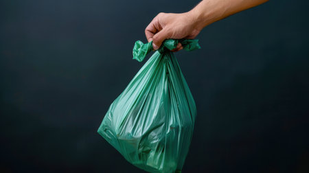 A close-up image of a hand gripping a green plastic bag filled with waste, highlighting issues related to environmental cleanliness and sustainable practices.の素材