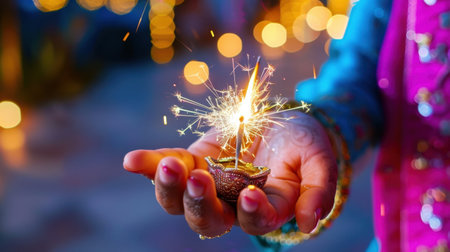 A close-up of a hand holding a sparkler next to a decorative diya during a vibrant festive celebration, surrounded by colorful bokeh lights.の素材