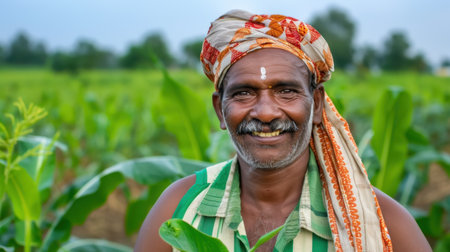 A joyful farmer stands proudly in a vibrant green tobacco field, showcasing his traditional attire and bright smile against a serene rural backdrop.の素材
