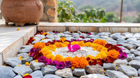 A stunning floral arrangement featuring vibrant petals and smooth stones, perfect for enhancing decor during festive occasions and creating a tranquil atmosphere.の素材