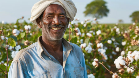 A joyful farmer stands proudly in a cotton field, showcasing the beautiful, blooming cotton plants under a clear blue sky, representing agricultural life.の素材