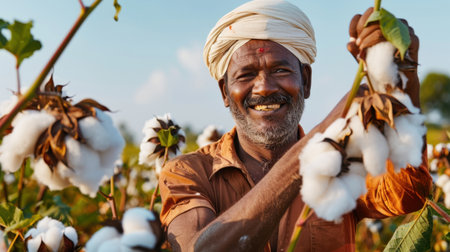 A joyful farmer harvesting cotton in a vibrant field, showcasing the beauty of rural agriculture, traditional practices, and the connection to the land.の素材