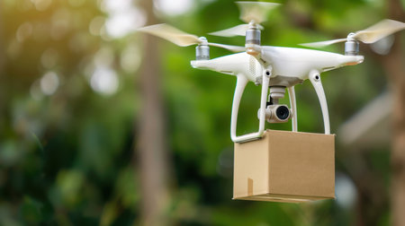 A drone transports a small package as it flies over a lush green environment, symbolizing the future of delivery services and technological advancements.の素材