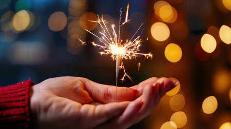 A close-up image of a hand holding a bright sparkler, radiating light against a vibrant bokeh background, perfect for celebrations and events.の素材
