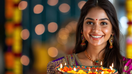 A vibrant portrait of a joyful young woman dressed in traditional attire holding a decorative diya, showcasing the festive spirit and cultural richness during celebrations.の素材