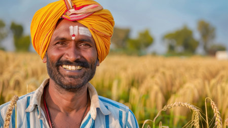 A joyous farmer stands amidst golden wheat fields, showcasing traditional attire and a bright turban, representing rural culture and agricultural pride.の素材