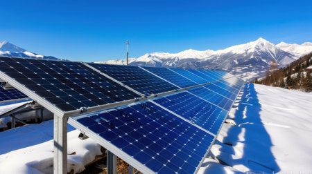 Solar panels stand resiliently in a snow-covered landscape, capturing sunlight to generate clean energy against a stunning mountain backdrop.の素材