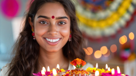 A joyful Indian woman celebrates a festival, holding a traditional lamp surrounded by vibrant flowers. Her radiant smile enhances the colorful decor, symbolizing joy and unity.の素材