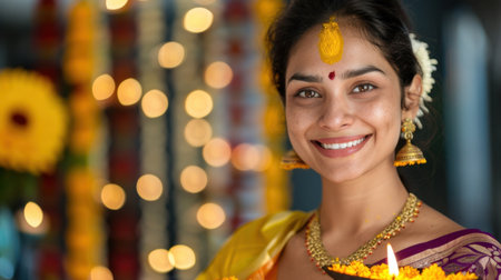 A cheerful woman dressed in traditional attire holds an oil lamp, radiating warmth and joy. The festive background features colorful lights and flower decorations, creating an inviting atmosphere perfect for cultural celebrations.の素材
