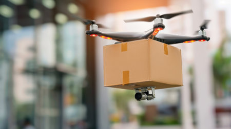 An advanced drone hovers above an urban setting, securely carrying a package, showcasing the future of delivery technology and logistics efficiency.の素材