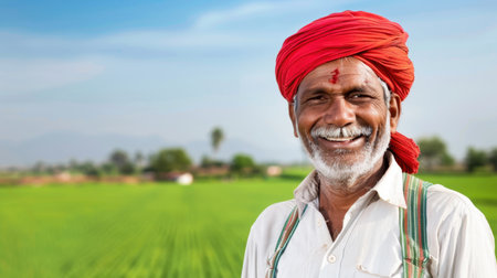 A joyful senior farmer wearing a bright red turban smiles warmly in a lush green rice field. The vibrant landscape reflects the rich agricultural heritage and lifestyle.の素材