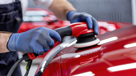 A skilled technician is polishing the surface of a vibrant red car using an electric polisher in a modern workshop. The focus on detail highlights the precision involved in auto detailing and car maintenance.の素材