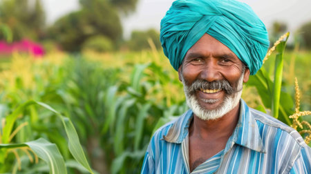 A joyful farmer in traditional attire stands proudly in a green cornfield, conveying a sense of fulfillment and connection to nature in the rural landscape.の素材
