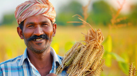 A cheerful farmer proudly displays freshly harvested wheat in a stunning agricultural field, symbolizing dedication and the joy of rural life.の素材