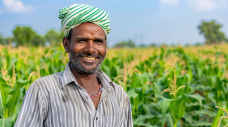 A joyful farmer stands in a vibrant cornfield, showcasing the essence of rural life and dedication to agriculture. The bright sky adds to the cheerful atmosphere.の素材