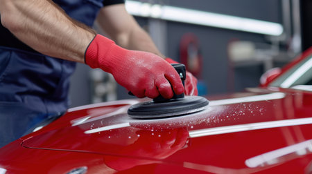 A skilled professional performs car detailing by polishing the hood of a red vehicle in a modern workshop, showcasing meticulous care and precision.の素材