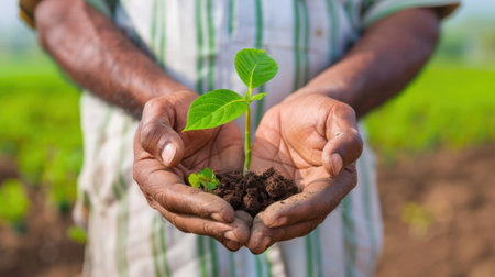 A pair of hands gently cradles a young plant sprouting from rich soil, symbolizing growth and environmental sustainability in a vibrant agricultural setting.の素材