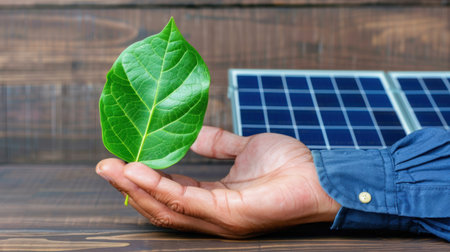 A close-up image of a hand holding a vibrant green leaf in front of solar panels, representing harmony between nature and renewable energy solutions.の素材