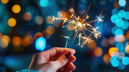 A hand elegantly holds a lit sparkler, sparkling against a backdrop of colorful, blurred lights, capturing the essence of celebration and joy.の素材