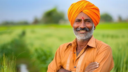 A cheerful farmer in an orange turban stands proudly in a vibrant green rice field, embodying the essence of rural life and agriculture.の素材