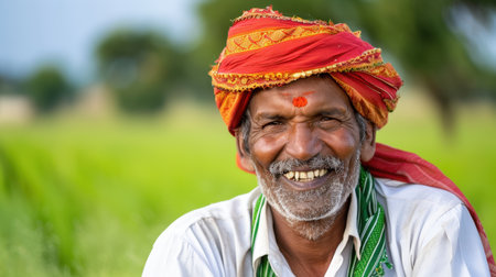A joyful elderly farmer wearing a colorful turban smiles broadly, representing the rich cultural heritage of rural agriculture and the beauty of nature.の素材