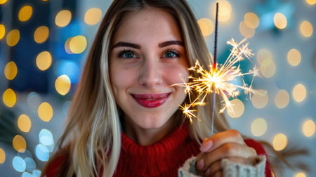 A cheerful young woman with long hair smiles while holding a sparkler, surrounded by soft glowing bokeh lights, perfect for capturing festive moments.の素材
