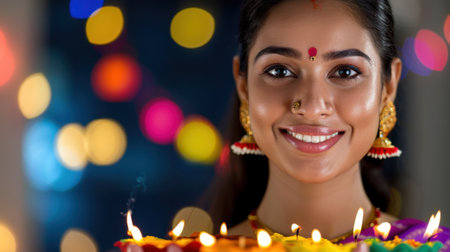 A joyful woman in traditional attire celebrates a vibrant festival surrounded by colorful lights and flickering candles, showcasing cultural richness and happiness.の素材