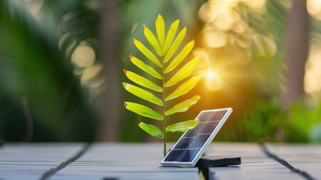 A striking image featuring a solar panel beside a vibrant green leaf, encapsulating the essence of renewable energy and environmental sustainability in a serene natural setting.の素材