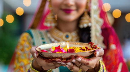 A young woman gracefully holds a traditional diya lamp adorned with flowers, immersed in a vibrant festival atmosphere with glowing lights.の素材