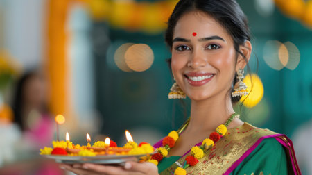 A joyful Indian woman smiles brightly while holding a traditional plate adorned with colorful flowers and diyas, celebrating the festive spirit of Diwali, representing joy and tradition.の素材