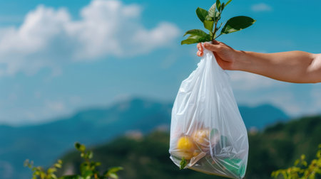 A hand holding a clear plastic bag filled with waste against a stunning backdrop of mountains and blue skies, highlighting environmental concern.の素材