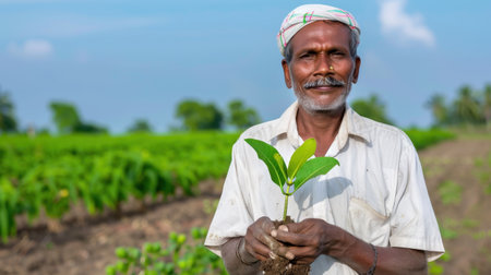 A happy farmer proudly holds a young plant in his hands, set against a lush green field, symbolizing hope, growth, and dedication to agriculture.の素材